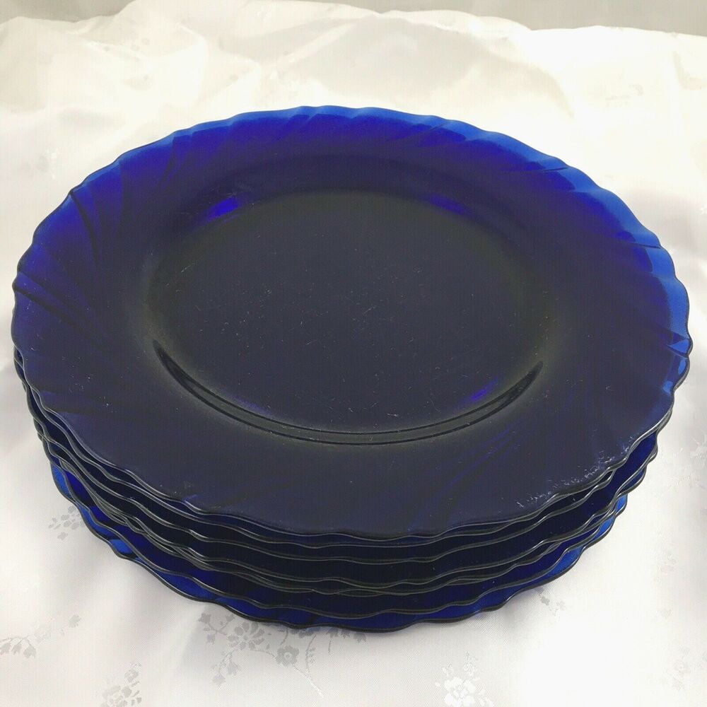 Duralex Bormioli Rocco 9" Cobalt Blue plates -swirled edge dinner plates 8 vtg